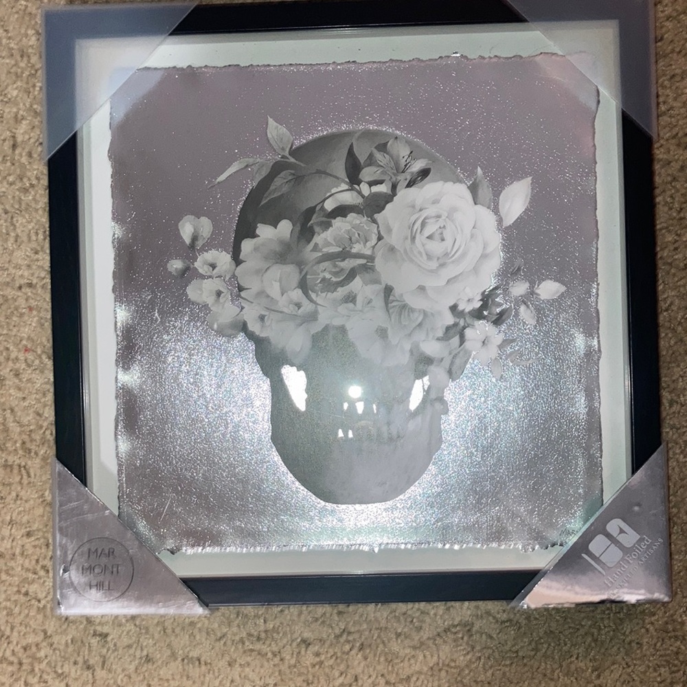 FINAL DROP 🚨 NWT Silver Hand Foiled Skull and Floral Framed Art